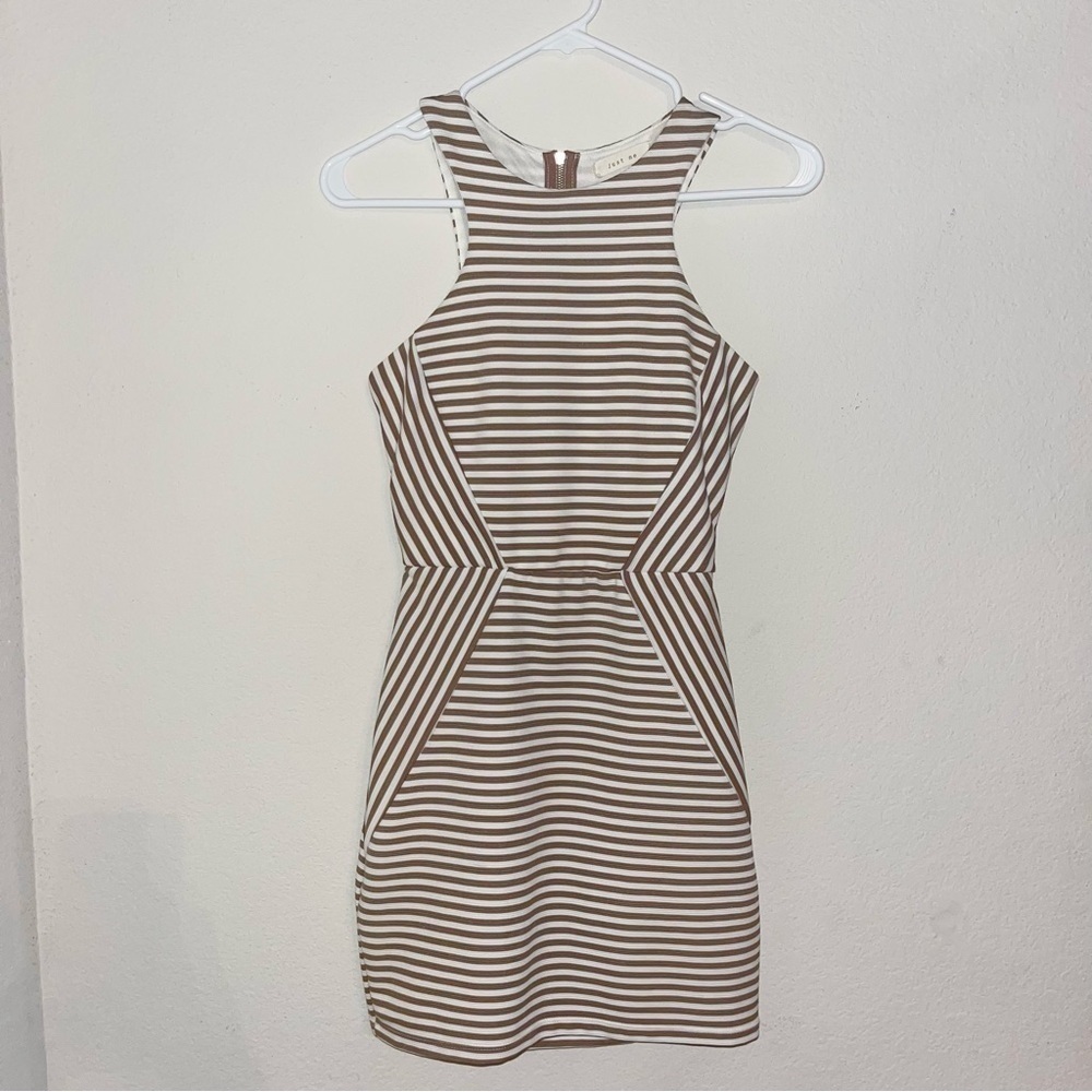 Just Me striped dress, textured brown and brige, open back, XS